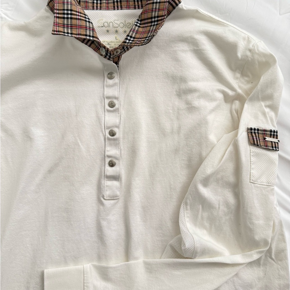 San Soleil White Long Sleeve Polo with Plaid Collar